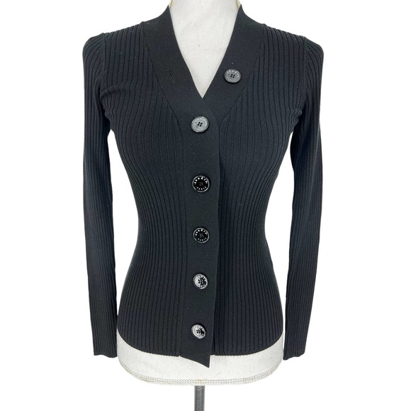 Sandro Black Ribbed Button Front Gabrielle Knit Cardigan - Picture 5 of 12